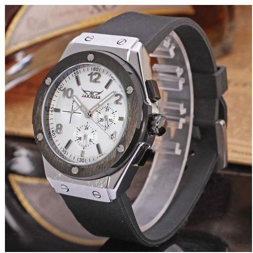 Louis Will Fashion JARAGAR Men Luxury Rubber Band Black Watch Tourbillion Automatic Mechanical Wristwatches Relogio Releges (White)