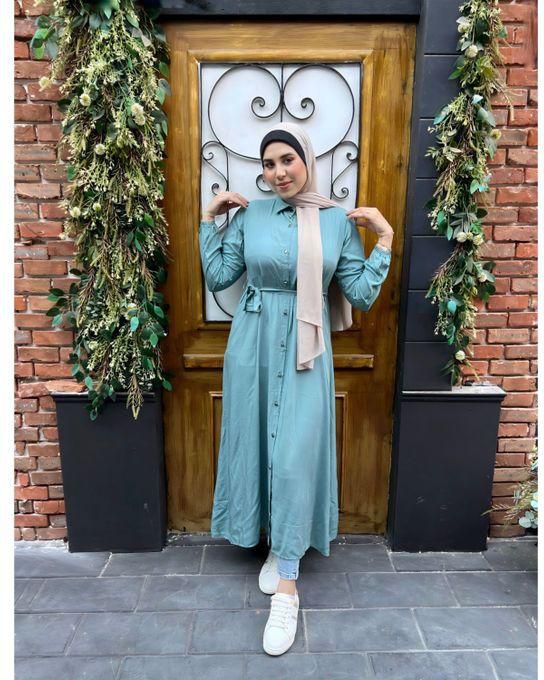 Long Sleeves Full Down Buttons Maxi Dress - Turquoise
