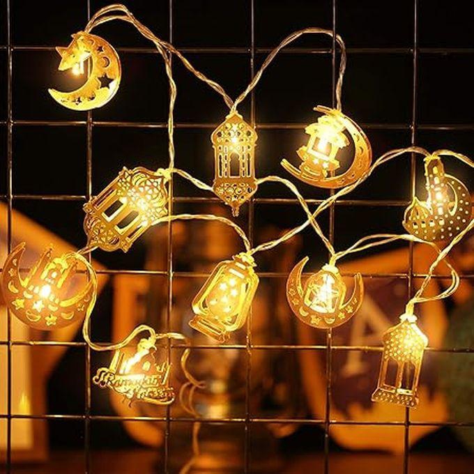 شريط اضاءة رمضان خيالي، 6.56 قدم 10 مصابيح LED، كلمة عيد وقمر ونجوم وفانوس،يعمل بالبطارية لتزيين المنزل والاماكن الخارجية، لوازم الحفلات، أبيض،،