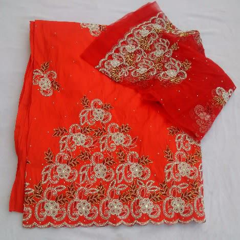 7 Yards Bedazzled & Beaded Indian Lace George with Blouse - Red