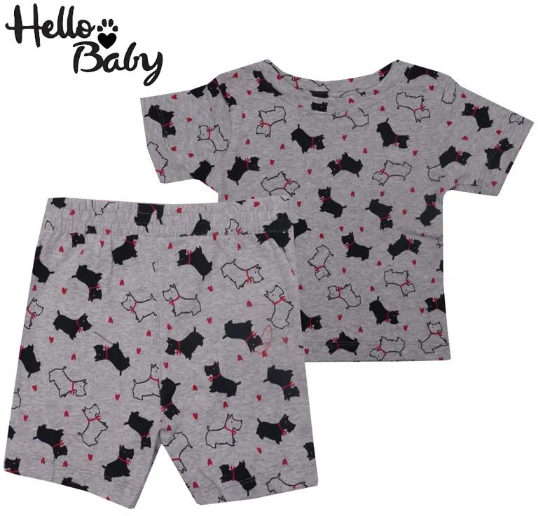 HELLO BABY Boys 100% Cotton Sleeve Top and Shorts 2 Piece Pajama Sets -Black Dog with red collar Dog Print