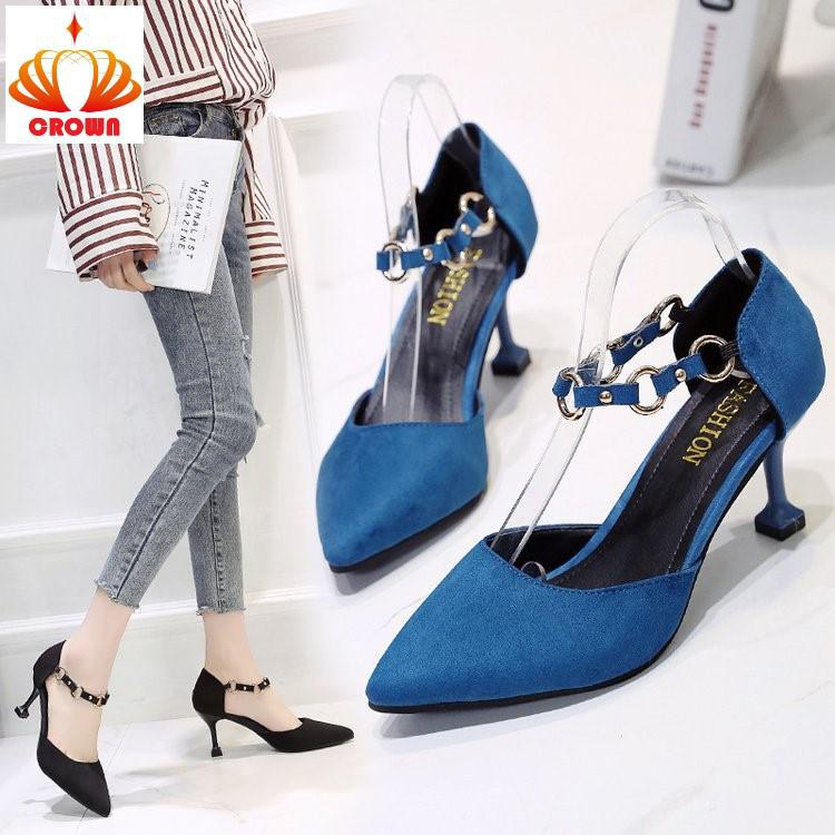 Women's shoes 2019 spring new wild pointed stiletto high heels female buckle hollow single shoes blue 39