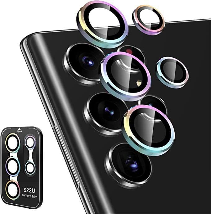 For Camera Lens Protector And Ultra-Thin 9H Tempered Glass With Aluminum Edge For Samsung Galaxy S22 Ultra - Rainbow, Pack Of 3 And 2