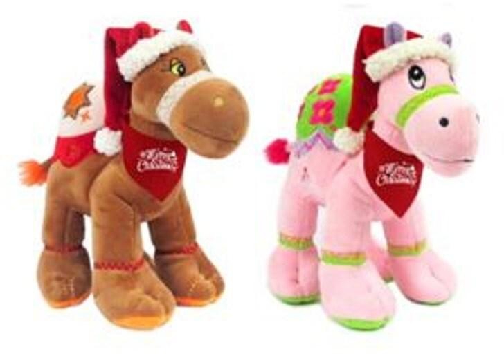 Bundle item - Brown camel + Pink camel with Santa hat with Merry Christmas print on red bandana, size 25cm

