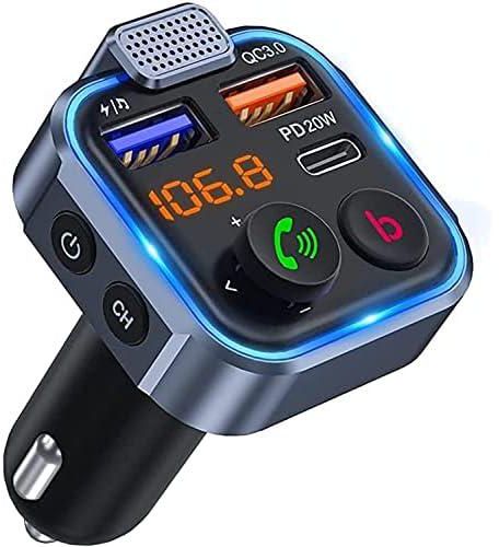 Wisfunlly Bluetooth 5.0 FM Transmitter for Car, [PD 20W + QC 3.0] [Stronger Microphone & HiFi Bass Sound] Cigarette Lighter Radio Music Adapter Charger, Supports Hands-Free Siri Google Assistant