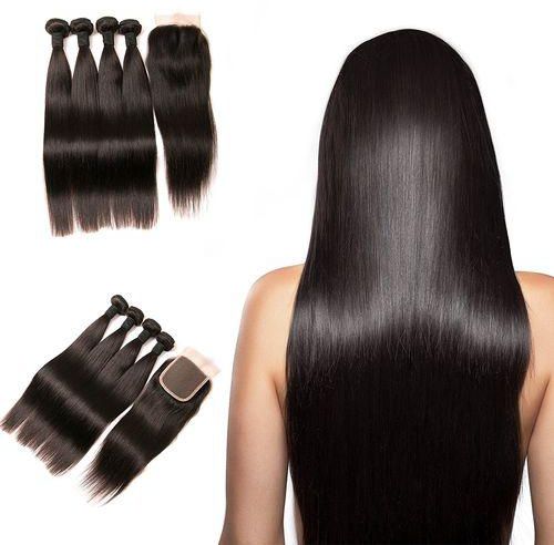 Generic Peruvian Straight Hair Bundles With Closure 3 Bundles Silky Straight  Human Hair Weave And Free Lace Closure Bleached Knots 4