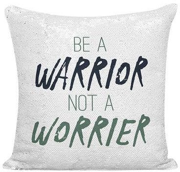 Be a Warrior Not a Worrier Printed Sequined Pillow Polyester White/Black/Green 16x16inch