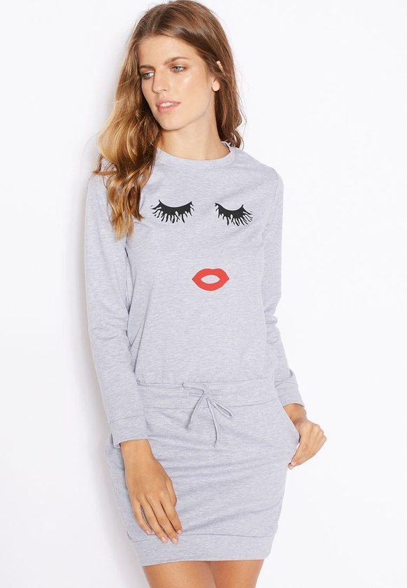 Eyelash Lip Printed Sweatshirt Dress