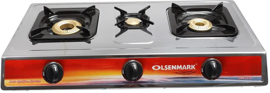 Olsenmark OMK2229 Stainless Steel Triple Burner Gas Stove - Portable Design, Comfortable Knobs with Auto Ignition - Cast Iron Pan Burner | Ideal for Cooking Multiple Dishes | 2 Years Warranty