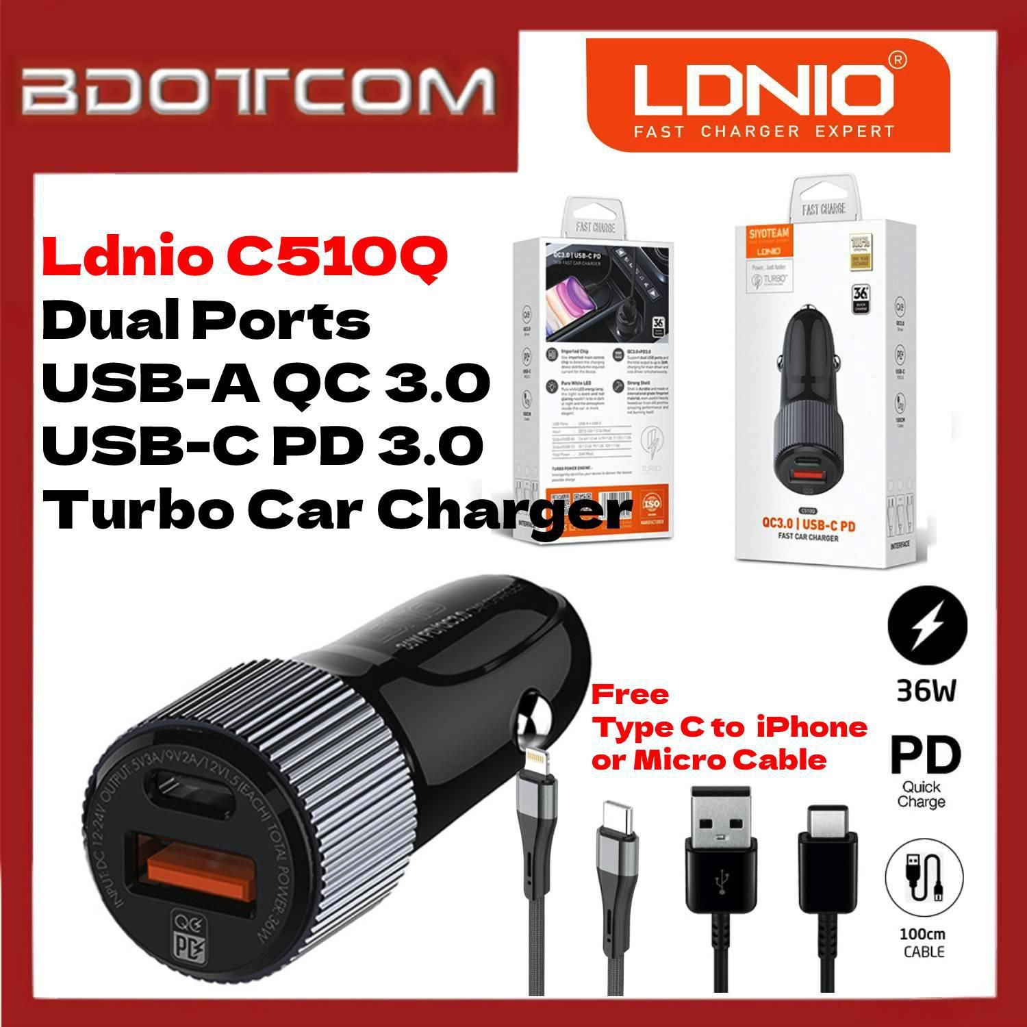 LDNIO C510Q Dual Port Turbo Car Charger - PD 3.0 and QC3.0 - 36W Max