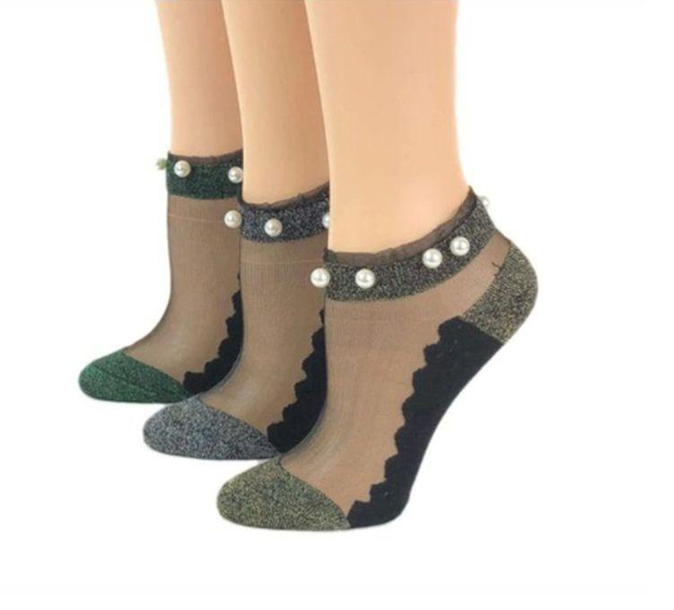 Fashion Very Cute Women Lace Ankle Socks-Glittery With Faux Pearls