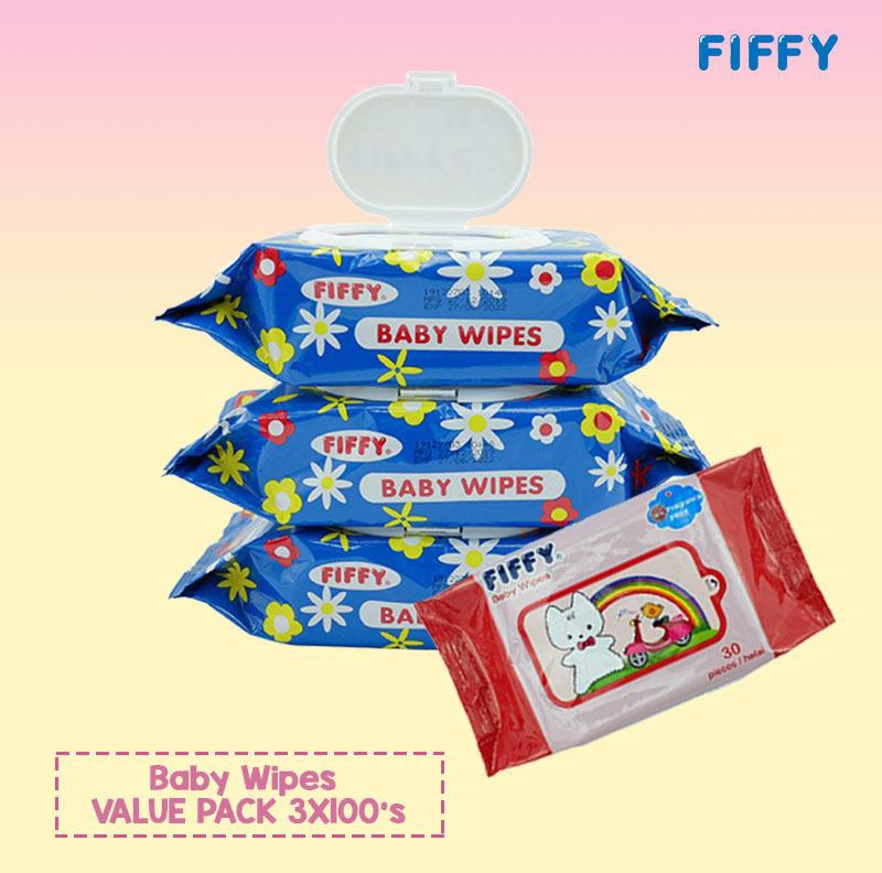 Fiffy Baby Wipes Blue Value Pack 3X100's + Free Sample Fragrance Free 30's