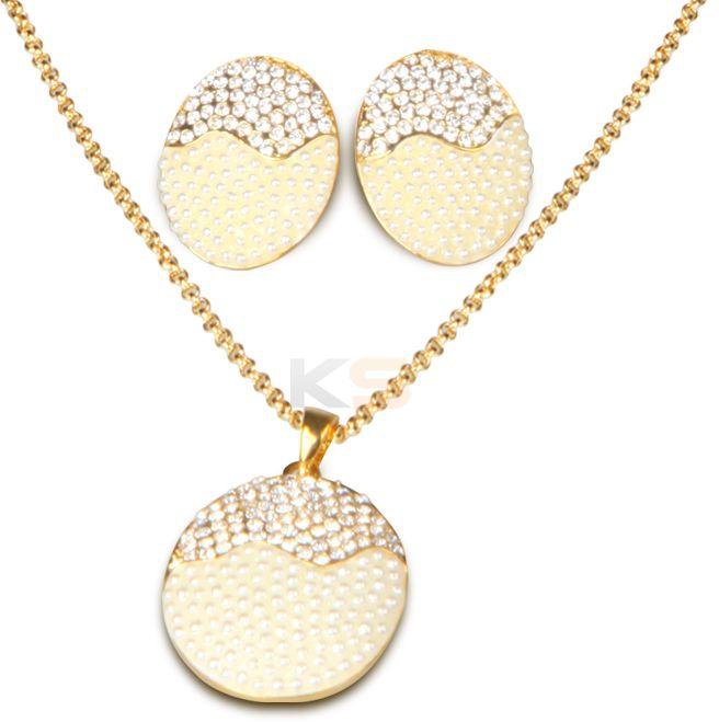 Exquisite Alloy 14K Gold Plated With Pearl & Crystal Necklace/Earrings Jewellery Set