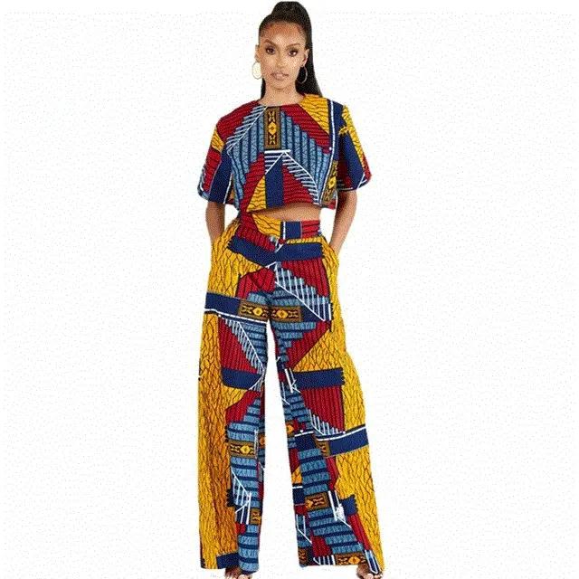 2021 High quality Two Piece Set Clothes African Dashiki Fashion Flower Print Suit Top Trousers Elastic Party For Women
