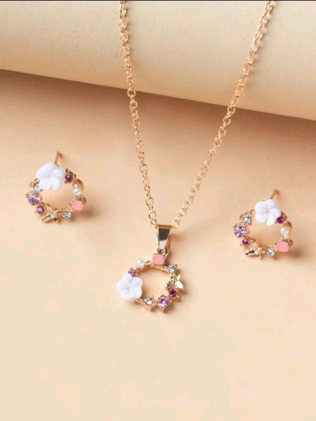 SHEIN 1pc Floral Decor Necklace & 1pair Stud Earrings-8062