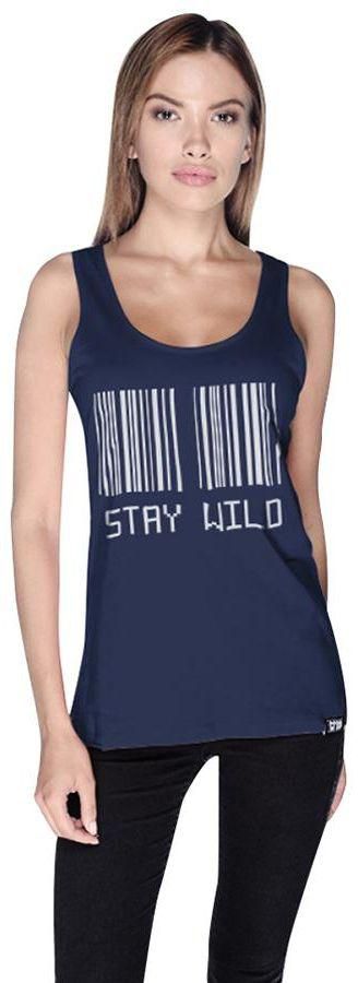 Creo Stay Wild Barcode Printed Tank Top for Women - M, Navy Blue