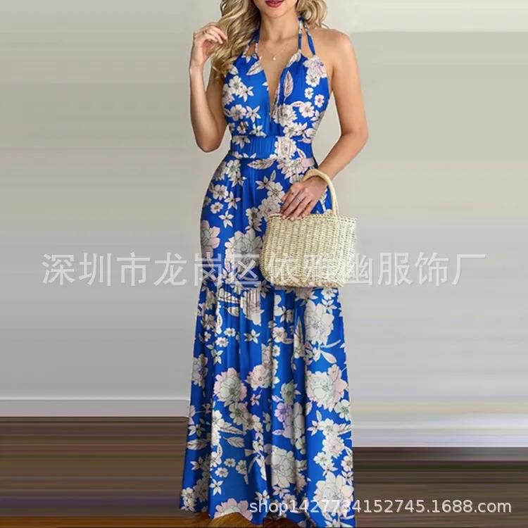2023 Summer and Autumn Europe, America and Africa New Printed Backless Maxi Dress Socialite Style Printing Process High Waisted Big Swing Neckline Stylish and Comfortable
