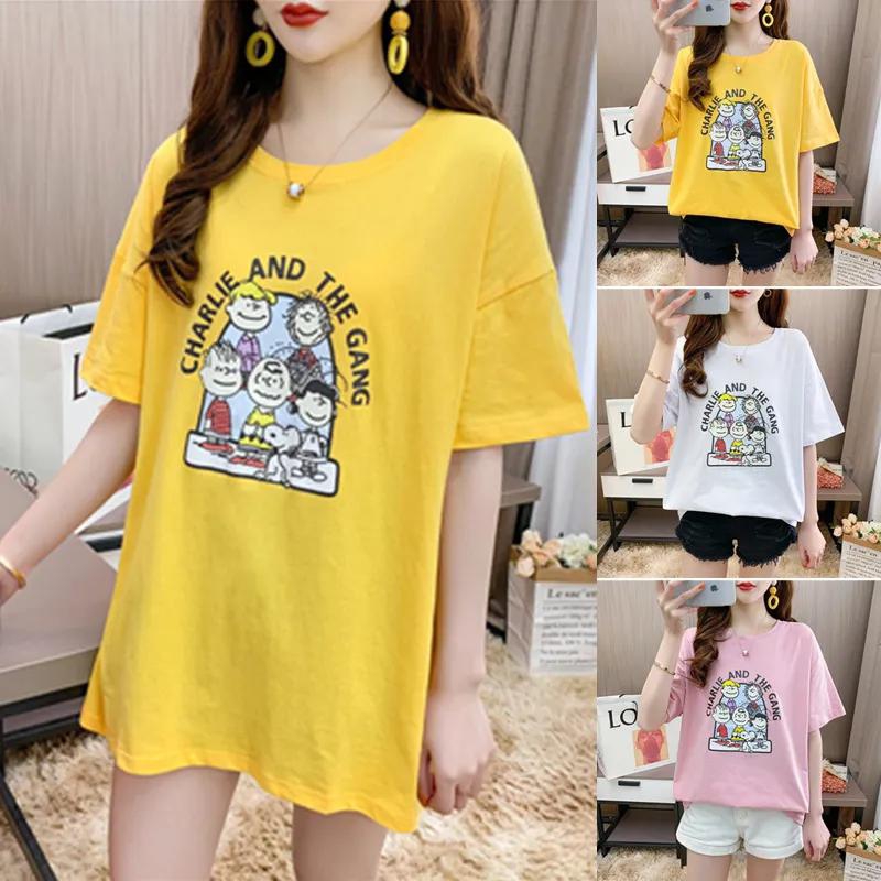 Cotton 2020 New Summer Women's Long Short Sleeve T-shirt Plus Size Loose Round Collar Student Top pink m