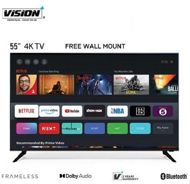 Vision Plus VP8855KV - 55 inch 4K Frameless V+ OS Smart Bluetooth TV Inbuilt Decoder HDR10 Dolby Audio Netflix Youtube 24 Months Warranty