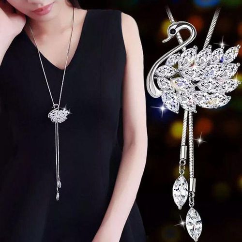Fashion Modern And Trendy Women Artificial Crystal Swan Long Necklace Sweater Chain