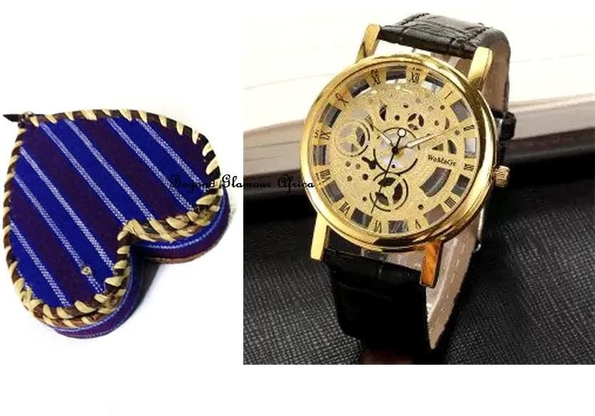 mens and womens gold tone skeleton watch with indigo African gift box