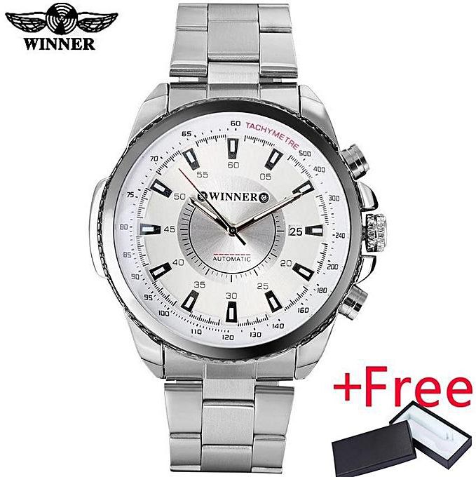 Winner 2016 WINNER Famous Brand Men Luxury Automatic Self Wind Watches Black Dial Transparent Glass Auto Date Stainless Steel Band