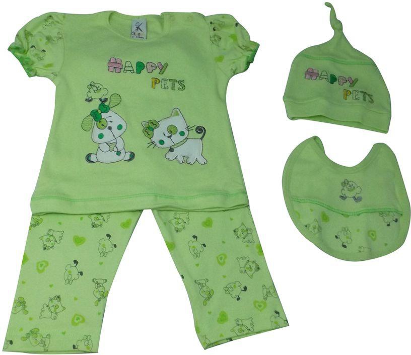 Sarah Kids 30 Set of 4 Pieces Happy Pets Outfit for Girls - Light Green, 3 - 6 Months