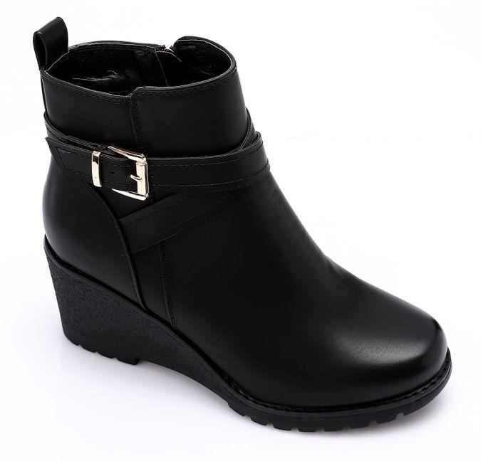 Dejavu Zipper Leather Wedge Ankle Black Boots