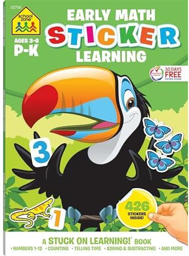 School Zone - Math Stickers Workbook - Ages 3 to 6, Preschool to Kindergarten, Counting, Numbers 1-12, Telling Time, Matching, Basic Math, and More (School Zone Stuck on Learning® Book Series)