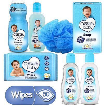 Cussons Mild & Gentle Baby Gift Set With FREE BABY WIPES (Pack Of 70g Bar Soap, 200ml Lotion, 200ml Body Wash, 200ml Oil, 50 Count Wipes, 200gPowder & Sponge)