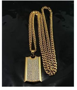 Gold Cuban Link Chain With Iced Tag Pendant