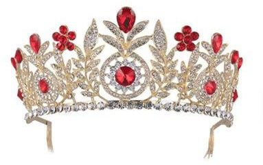 Floral Red Crystal Studded Costume Queen Crown Luxury Rhinstone Beaded Headband