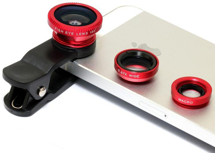 3-in-1 mobile lens tablet lens universal clip lens-Fish Eye, Micro, Wide Angle-Red