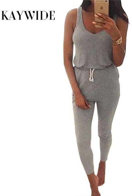 Generic New 2017 Summer Low Cut Rompers Womens Jumpsuit Black Elastic Waist Sleeveless Long Pants Playsuit Strap Pocket Overalls -grey