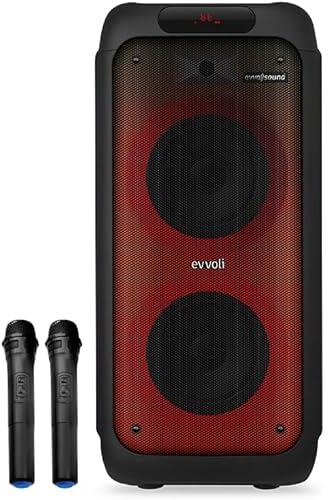 evvoli Portable party speaker Bluetooth With Two Wireless MIC, Built In Lights and Splashproof Design 160W EVAUD-PT160B