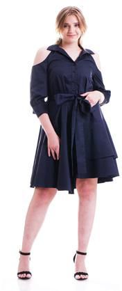 Waist Belt Fastening Solid Color Cotton Dress - Size: L (Navy)