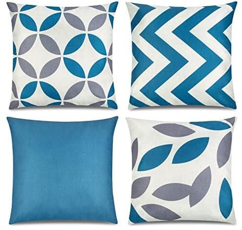 Set of 4 Cushion Covers Pillowcase Decorative Pillow Covers Blue Geometric Pattern Gift Living Room Sofa Bedroom Outdoor Scatter Cushions Blue18x18 Inch