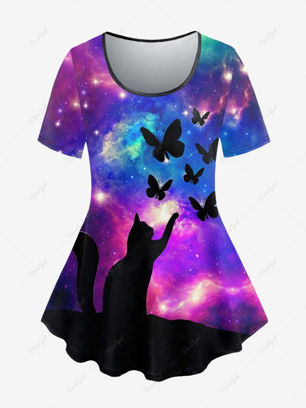 Plus Size Galaxy Cat Butterfly Print T-shirt - 6x