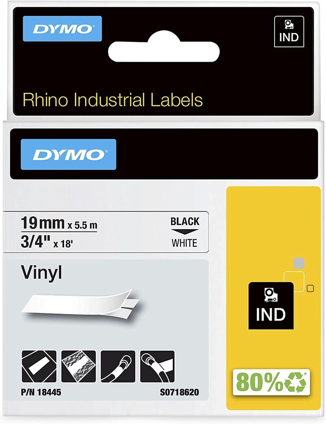 Dymo Rhino Tape 19Mmx5.5M White Vinyl, 3/4&quot; White Vinyl Labels Black On White, 18445