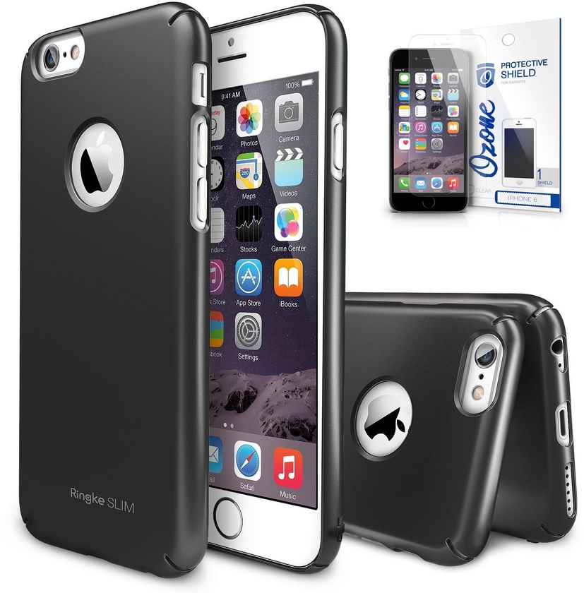 Rearth Ringke Slim Logo Cut Black Premium Dual Coated Hard Case Cover & OZONE Screen Guard for Apple iPhone 6