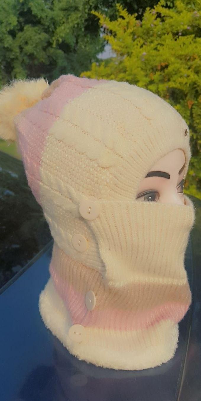 Winter Women Hat Scarf One Piece Set Warm Knit Pompom Ear Neck