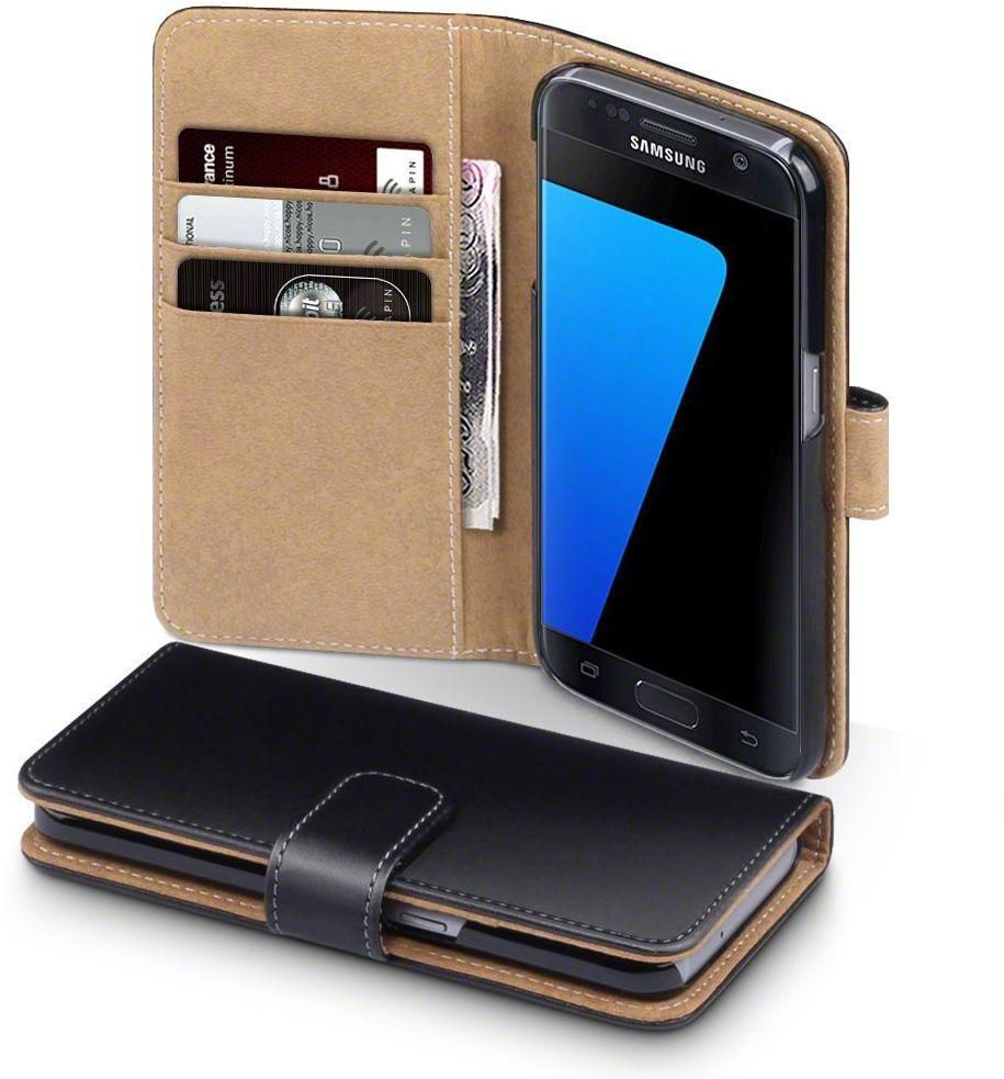 جراب جالكسي اس 7 , Galaxy S7 , محفظة جلد أسود, بني من الداخل, مكان للبطاقات والنقود