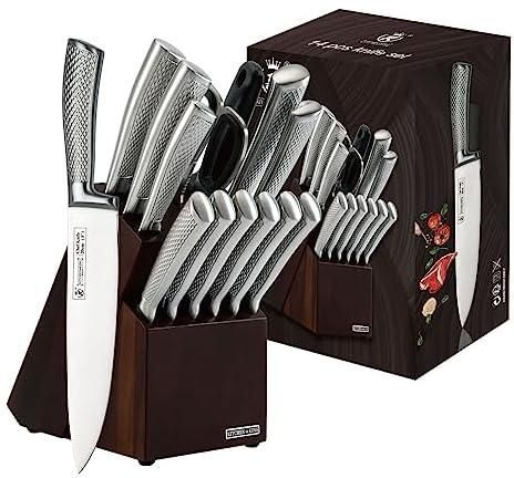 【TTQK】Kitchen Knife Set, 14 Pcs kitchen knife set with wooden knife block,High Carbon Stainless Steel Kitchen Knives Sets Professional, embossed handle, knife set with scissors and sharpener