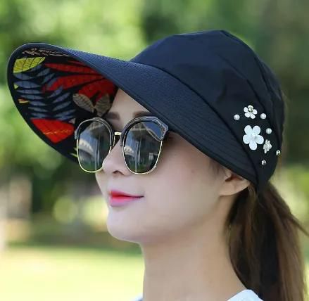 Women summer Sun Hats pearl packable sun visor hat with big heads wide brim Girls beach hat UV protection female cap
