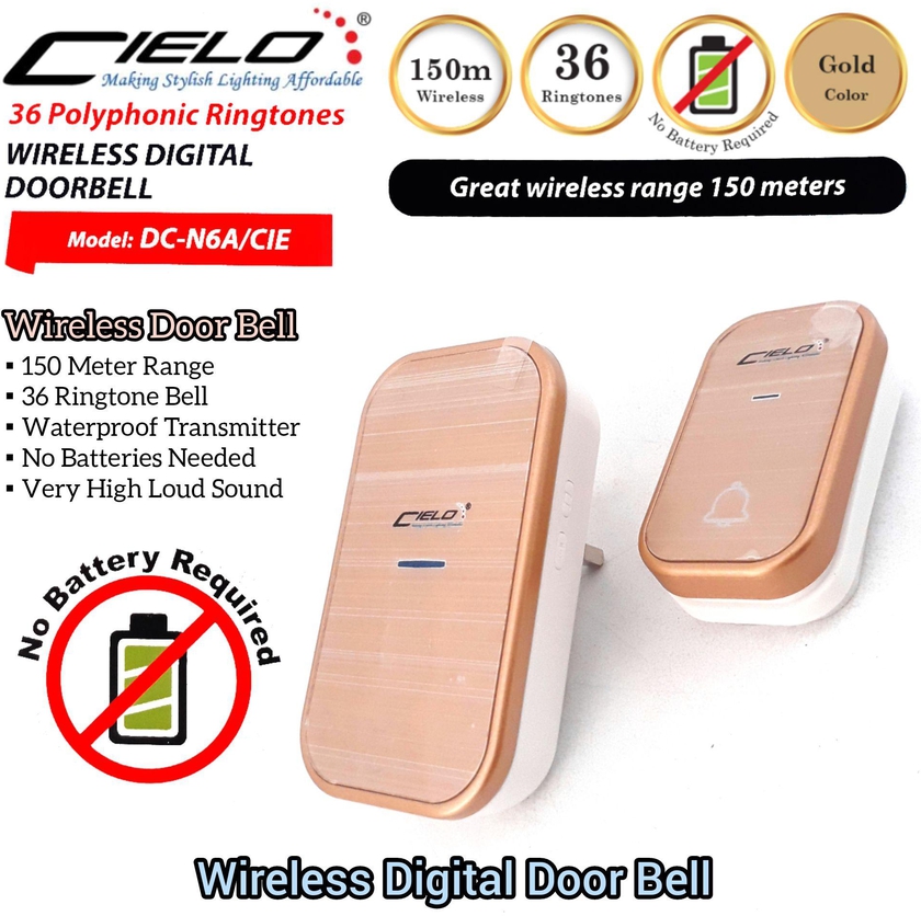 Auto Selfcharge Cielo 150m Wireless Digital Door Bell Gold Color with 36 Bell Types