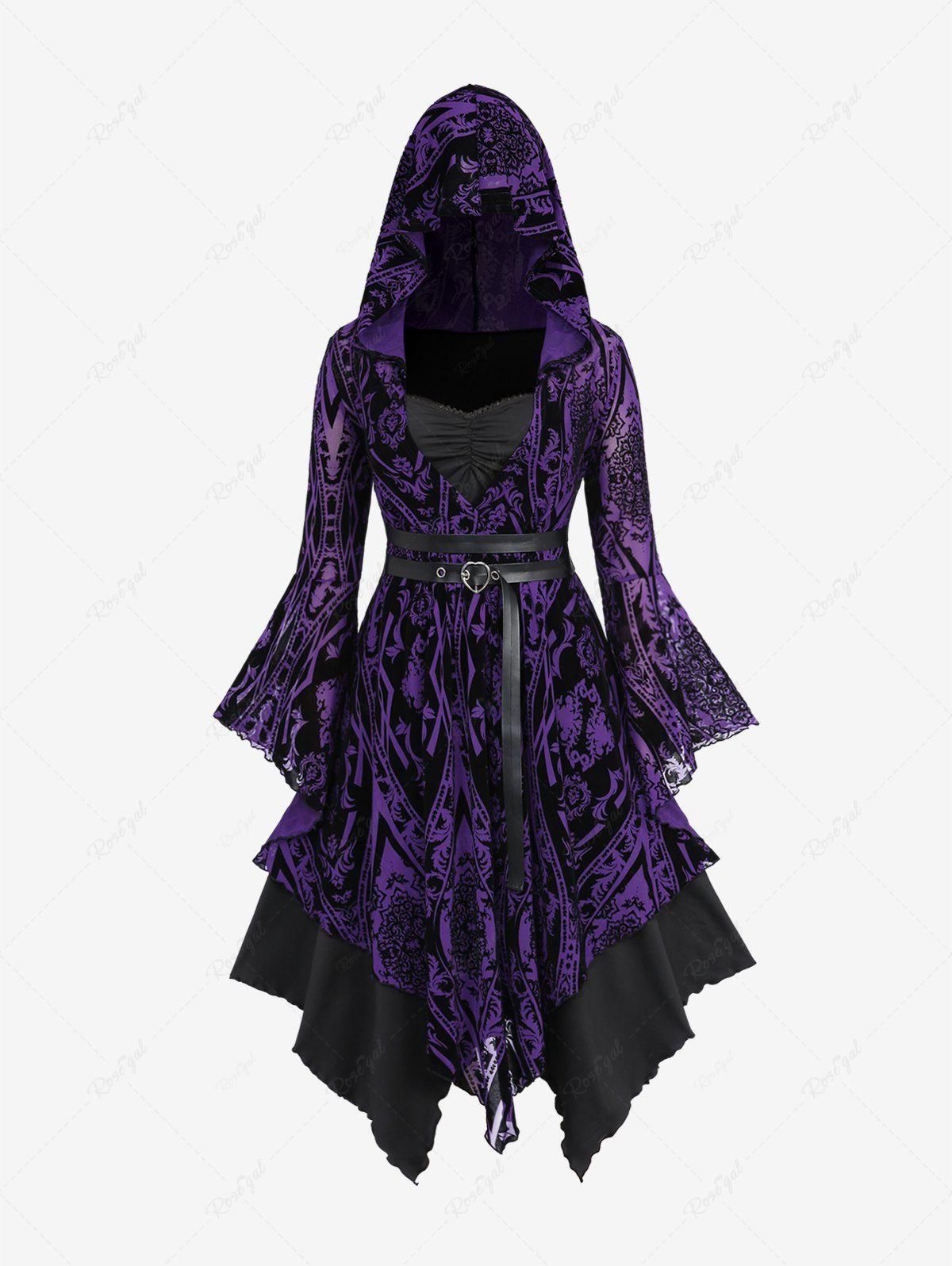 Plus Size Floral Graphic Print Lace Trim Ruched Heart Buckle Asymmetrical Flare Sleeves Hooded 2 In 1 Dress - L | Us 12