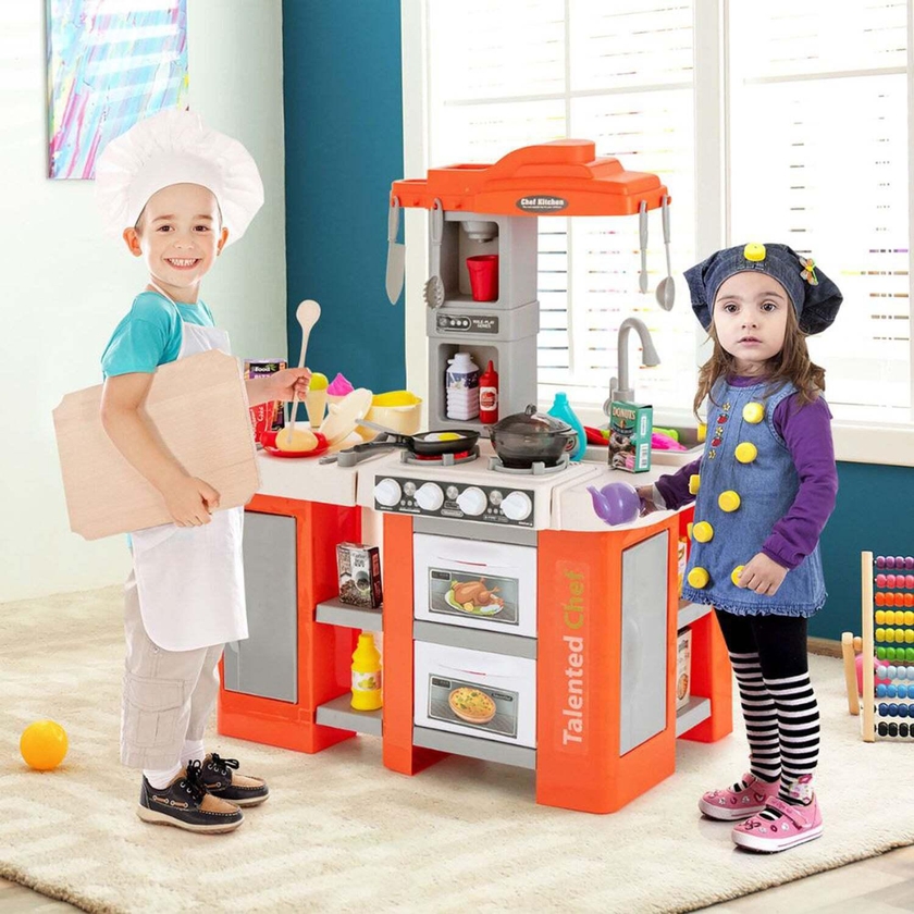 FITTO 67 Pieces, Play Kitchen Set for Kids with Realistic Lights and Sounds, Kids Cooking Toys with Pots, Pans, Utensils, and Play Food, 72.5CM