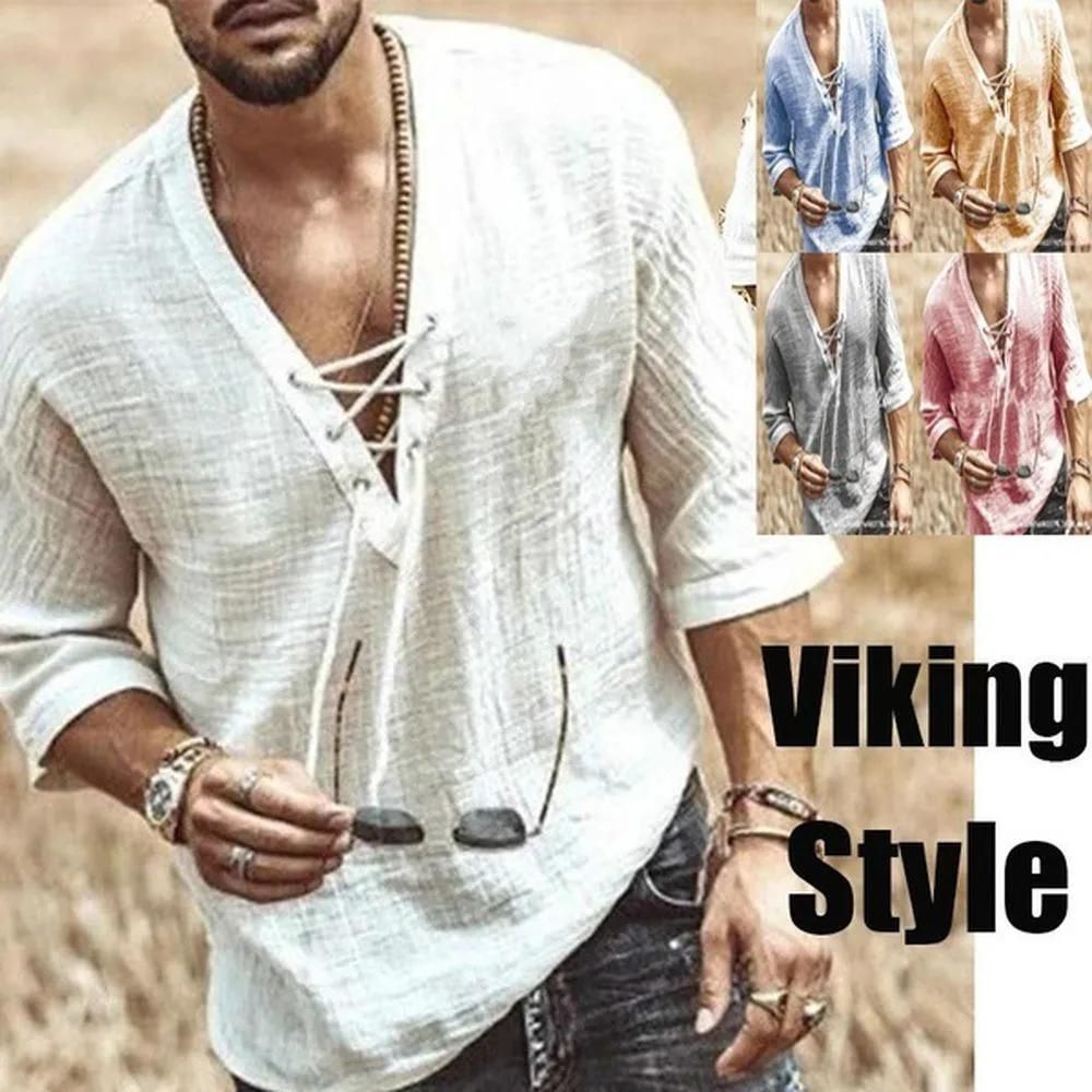 Summer Men Shirts Casual Man Linen Tops for Man Loose Viking Shirt Vintage Solid Color Medieval