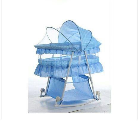 Generic BIG SIZE Metal Baby Crib Rocking Bed Baby Cradle Cot & Baby Stroller With With Fabric Mosquito Net Infant Crib Baby Bed with a Matress- sky blue
