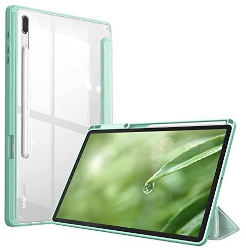 Fintie Hybrid Slim Case for Samsung Galaxy Tab S8 Plus 2022/S7 FE 2021/S7 Plus 2020 12.4 Inch with S Pen Holder, Shockproof Cover with Clear Transparent Back Shell, Auto Wake/Sleep, Green